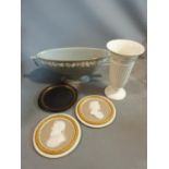 A collection of Wedgwood items and two gilded side portrait porcelain wall plaques of Greek