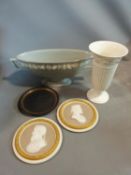 A collection of Wedgwood items and two gilded side portrait porcelain wall plaques of Greek