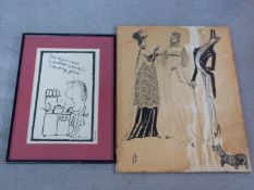 Two framed and glazed lithographs. One of a cartoon by Melville Calman (1931-1994).