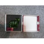 A new in box Czech green glass lamb by Moser, designed by Jaroslav Stursa. Signed to base and has