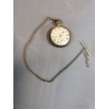 Victorian silver pocket watch, White enamel dial with roman numerals on metal fob chain, made by the