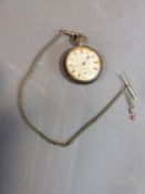 Victorian silver pocket watch, White enamel dial with roman numerals on metal fob chain, made by the