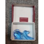 A new in box Czech blue glass dog by Moser. Designed by Jaroslav Stursa. Signed to base and has