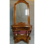 A Continental walnut and line inlaid pier mirror and console table fitted frieze drawer on