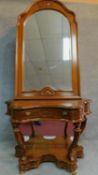 A Continental walnut and line inlaid pier mirror and console table fitted frieze drawer on