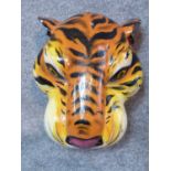 A vintage painted carved wood tigers head. 41 x 32