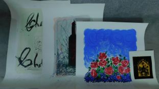 A collection of four signed coloured lithographs. One titled 'roses without thorns', indistinctly