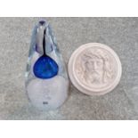 A Svaja glass sculpture and moulded mauve opaque marbled glass relief plaque of Jesus. Svaja piece