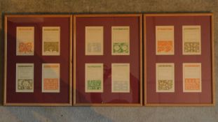 Three framed sets of book cover design coloured wood block prints. 54x40cm