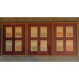 Three framed sets of book cover design coloured wood block prints. 54x40cm
