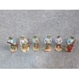 A collection of six antique porcelain hand painted Sitzendorf frog musicians. Includes flute, cello,