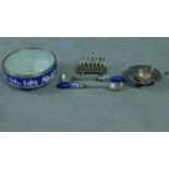 A Wedgwood blue and white porcelain and silver plate salad bowl and matching servers along with a