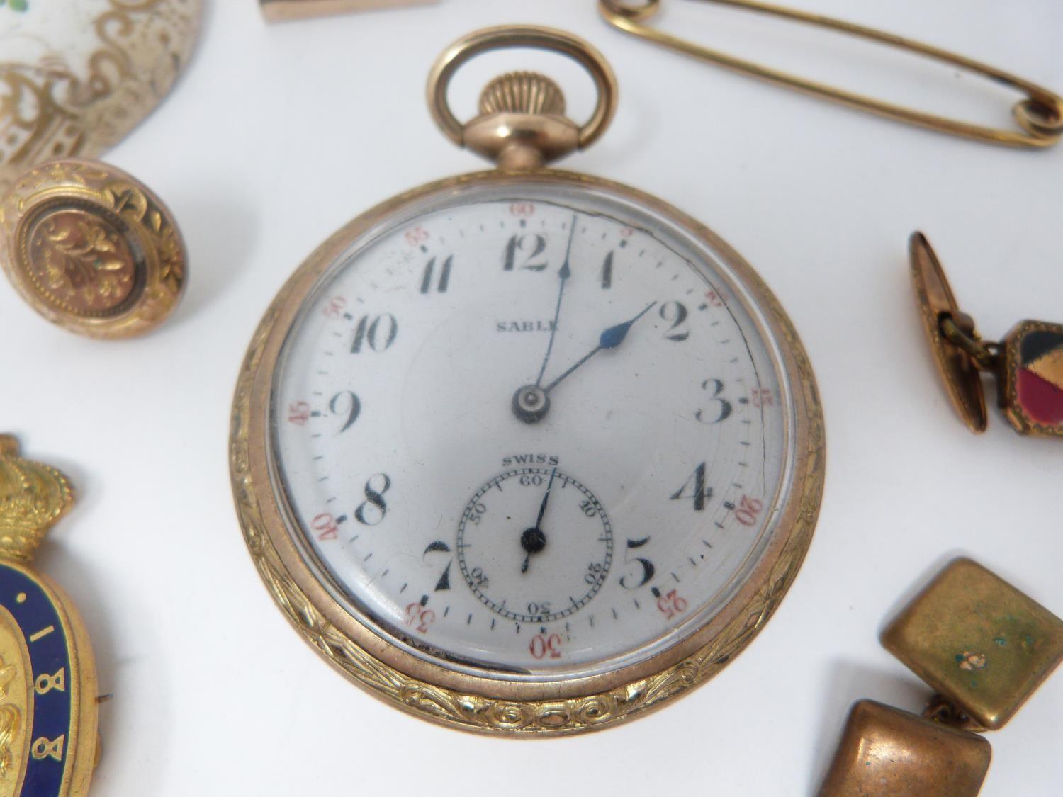 A collection of rolled gold and yellow metal jewellery. Including brooches, a pocket watch, an - Image 5 of 13