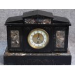 Victorian style black slate and marble mantle clock. With white enamel and brass dial. Engraved