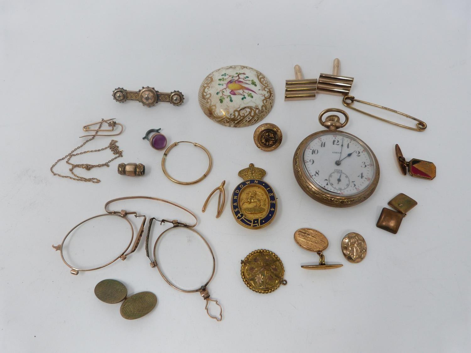 A collection of rolled gold and yellow metal jewellery. Including brooches, a pocket watch, an - Image 2 of 13