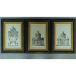 Three framed and glazed prints of Classical French architecture. 54x39cm
