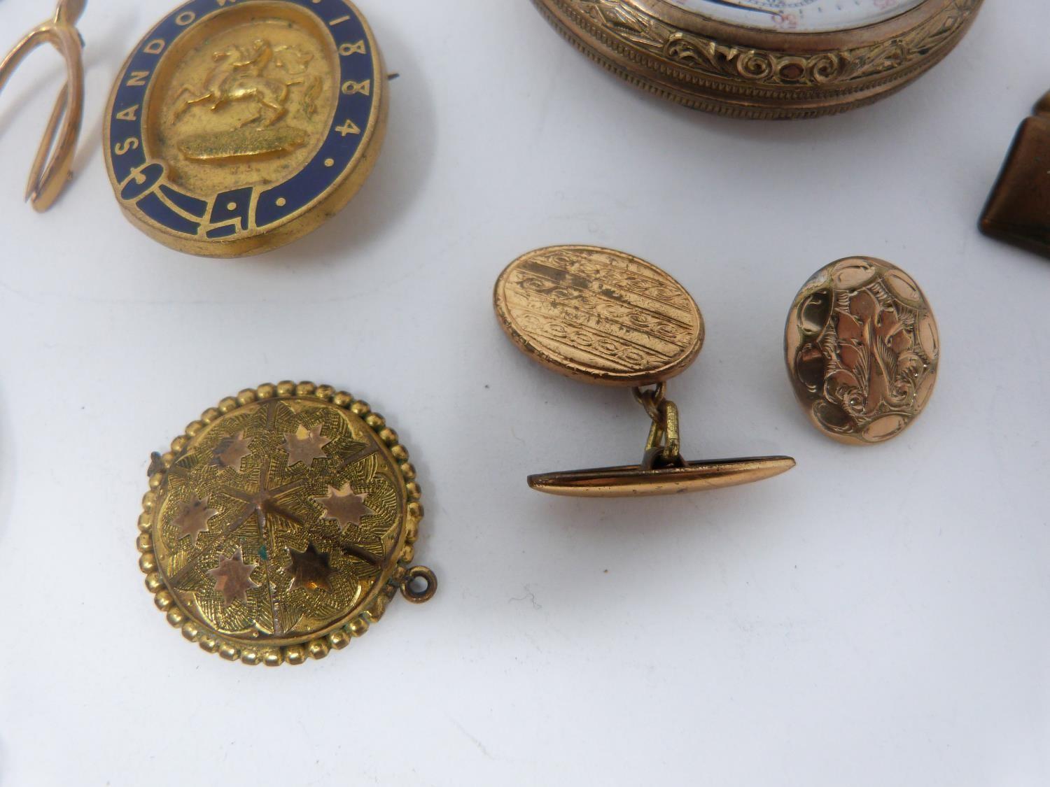 A collection of rolled gold and yellow metal jewellery. Including brooches, a pocket watch, an - Image 9 of 13