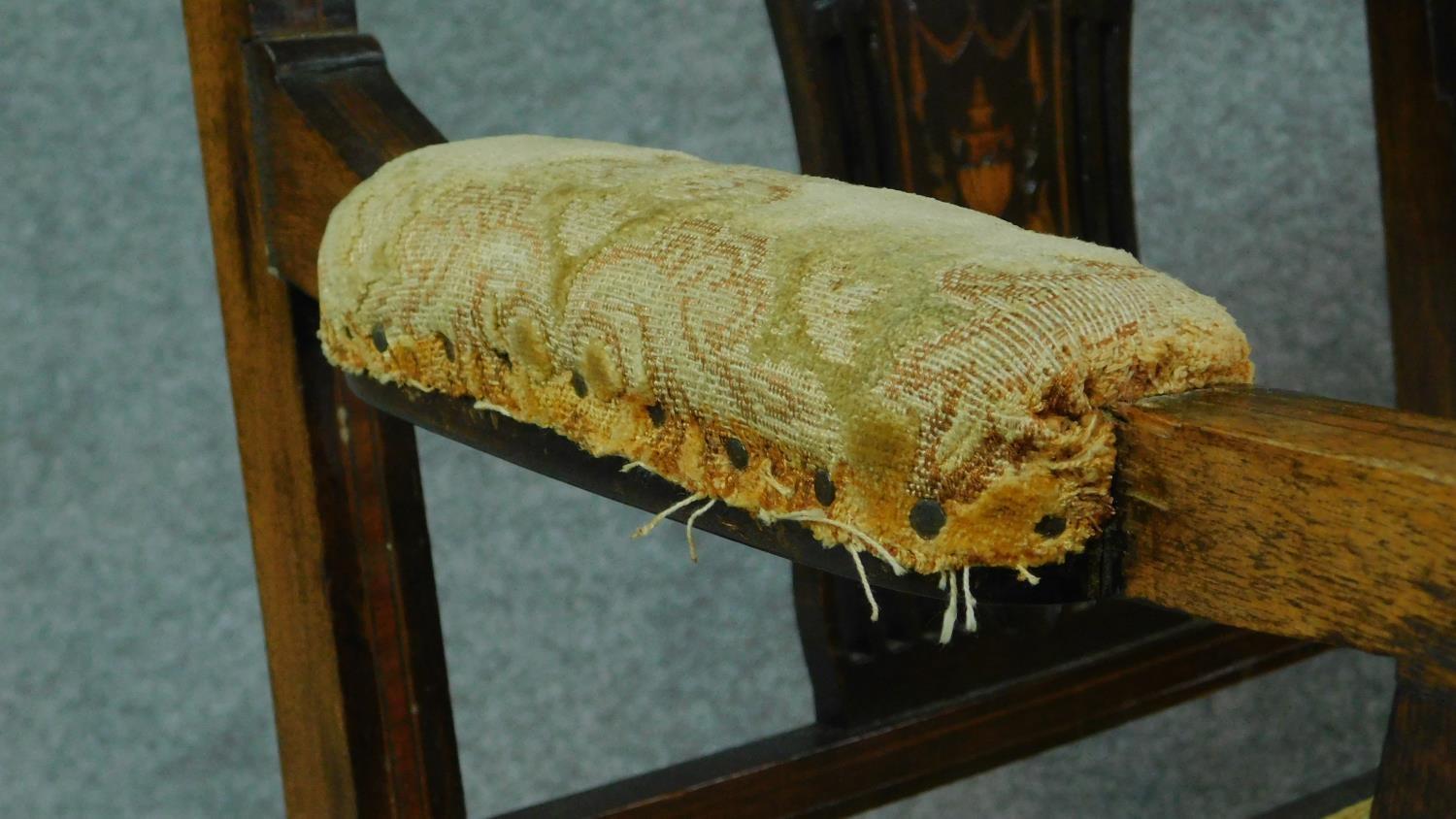 A late Victorian mahogany and satinwood inlaid armchair with urn design to the back, floral - Image 7 of 7