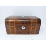 An antique walnut and satinwood inlaid jewellery box with mother of pearl hexagonal plaques. 25x12.5