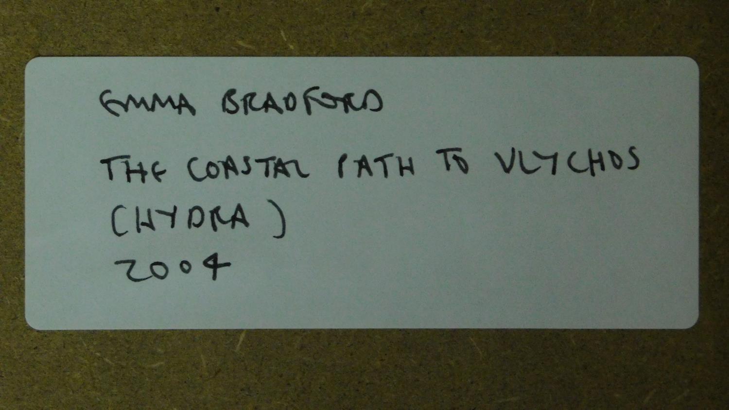 A framed and glazed pastel titled 'The coastal path to Vlychros Chydra', by Emma Bradford. 53x43cm - Image 4 of 4