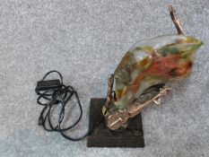 Vintage Lamp in pate-de-verre and bronze by Yves Lohe with art glass face and copper guitar.