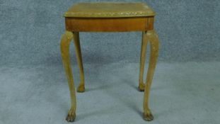 A small burr walnut occasional table on carved cabriole supports on claw feet, possible Epstein. H.