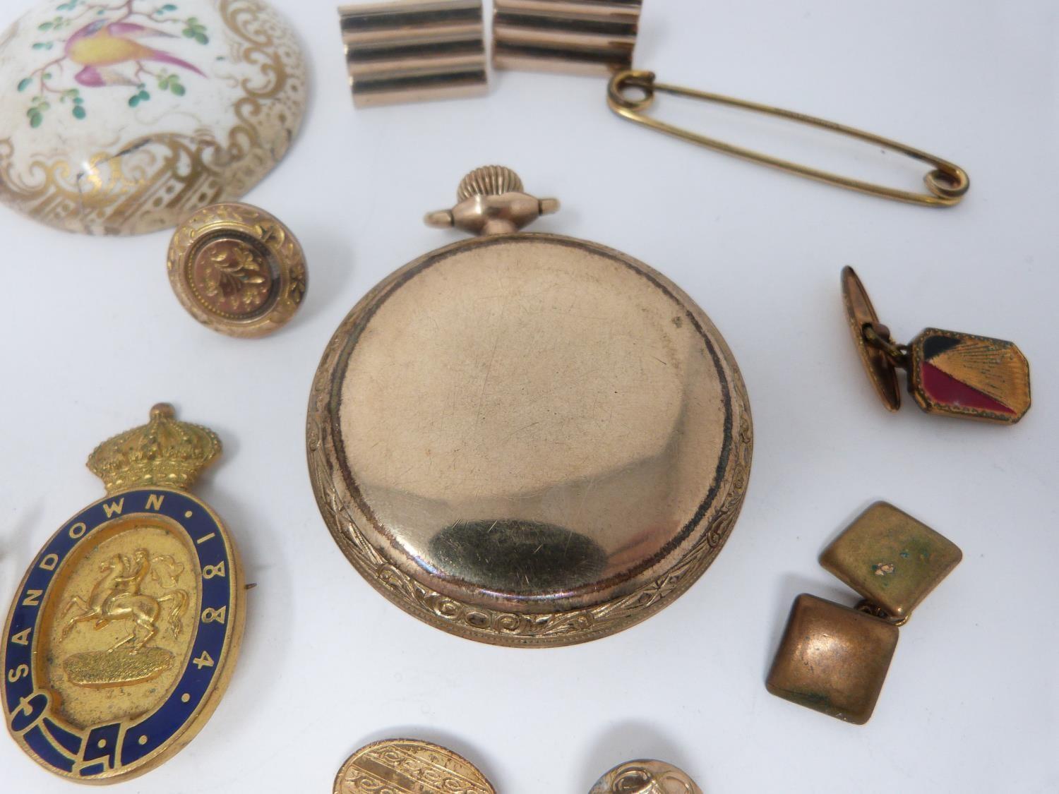 A collection of rolled gold and yellow metal jewellery. Including brooches, a pocket watch, an - Image 11 of 13