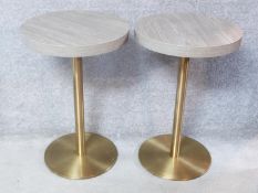 A pair of Pedrali Inox brass and wood laminate tall grey tables. H.75 W.50 D.50cm