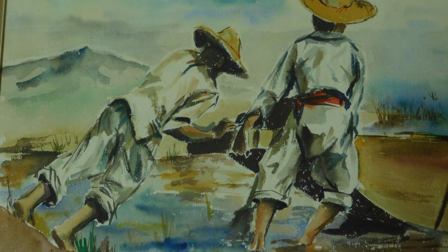 A framed and glazed watercolour of two men pushing out a boat. Signed Rafael Contreras, 1962. - Image 3 of 5