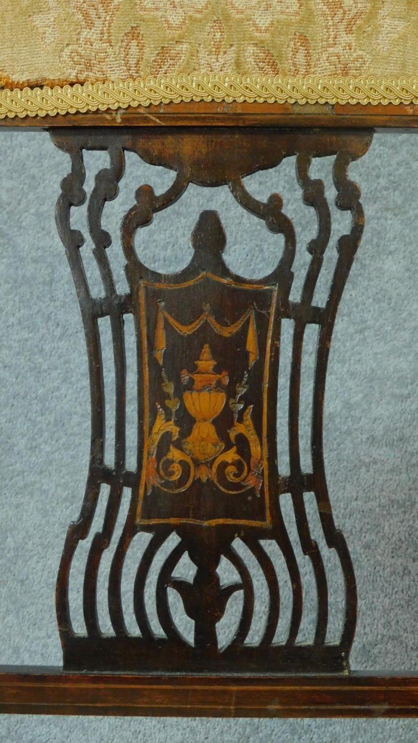 A late Victorian mahogany and satinwood inlaid armchair with urn design to the back, floral - Image 3 of 7