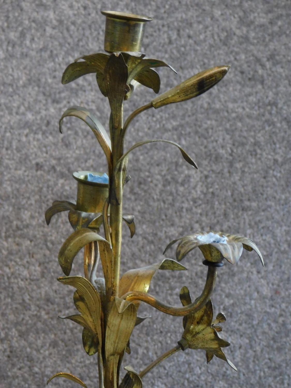 A pair of antique French gilded brass lily candelabras. H.53cm - Image 2 of 4