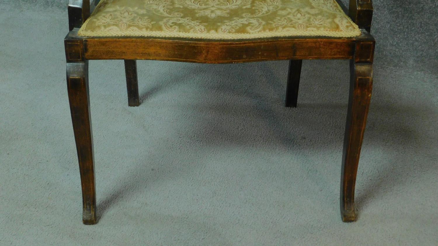 A late Victorian mahogany and satinwood inlaid armchair with urn design to the back, floral - Image 5 of 7