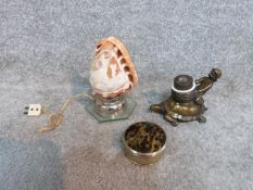 A pair of antique lights and a silver plate tortoise shell plastic box. One light in the form of a
