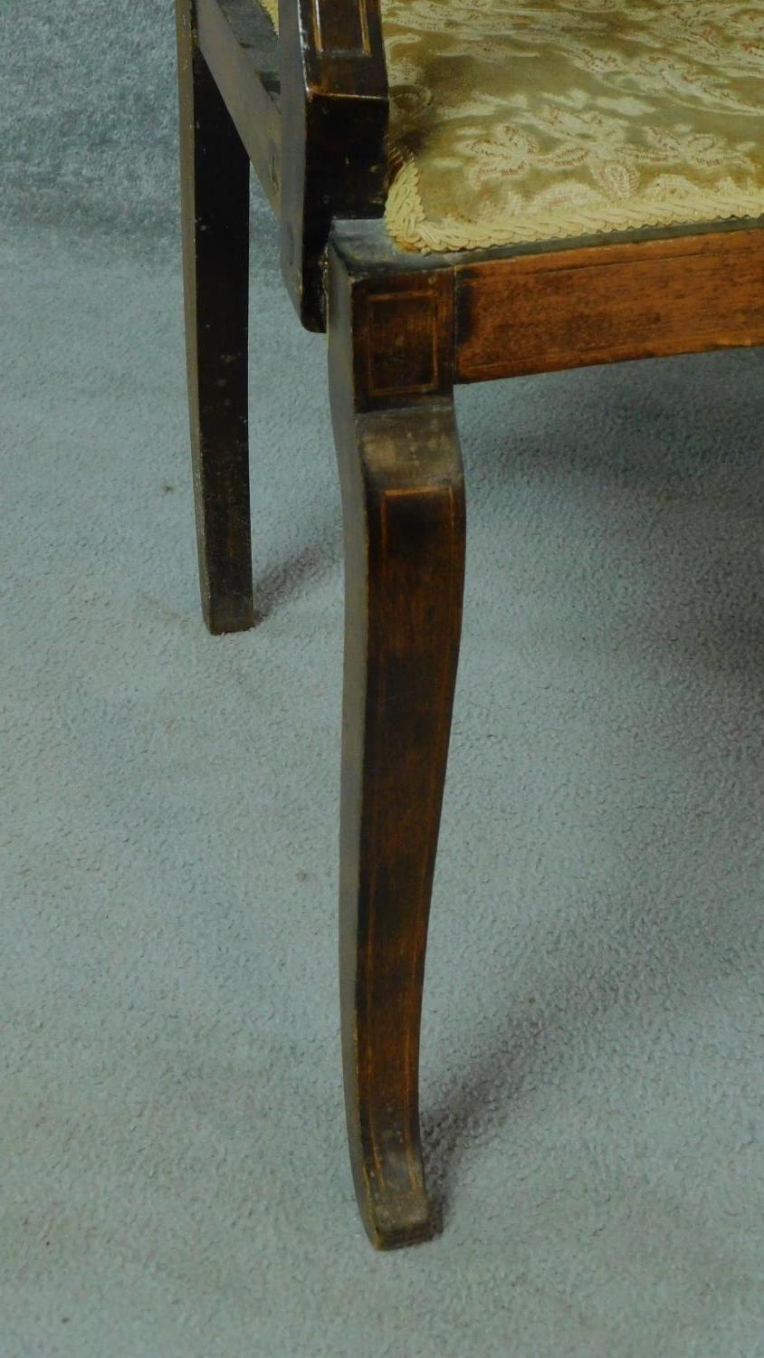 A late Victorian mahogany and satinwood inlaid armchair with urn design to the back, floral - Image 6 of 7