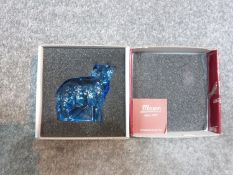 A new in box Czech blue glass lamb by Moser, designed by Jaroslav Stursa. Signed to base and has
