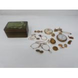 A collection of rolled gold and yellow metal jewellery. Including brooches, a pocket watch, an