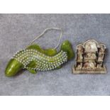 A vintage green glazed ceramic fish light with clear crackle bead scales and a vintage exotic sea