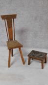 A carved teak spinning chair and a similar footstool. H.79cm (tallest)