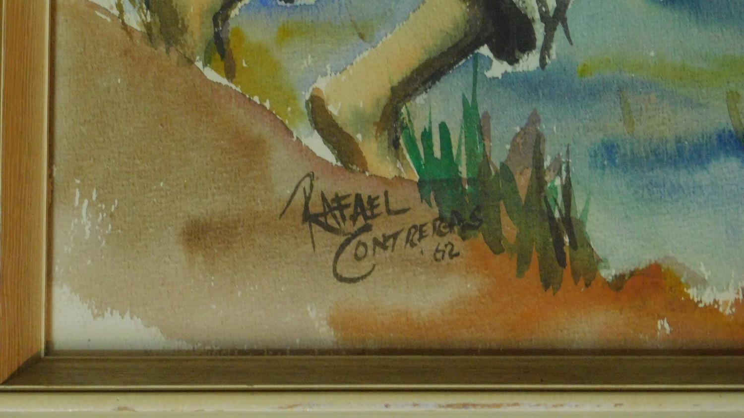 A framed and glazed watercolour of two men pushing out a boat. Signed Rafael Contreras, 1962. - Image 2 of 5