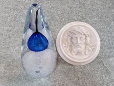 A Svaja glass sculpture and moulded mauve opaque marbled glass relief plaque of Jesus. Svaja piece