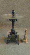 An antique metal and cut glass tazza centrepiece. The main stem is supported on the backs of four