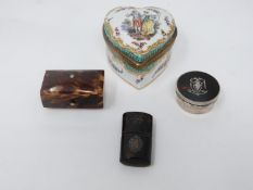 A collection of four trinket boxes. One sterling silver with tortoise shell top. One hand painted