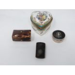 A collection of four trinket boxes. One sterling silver with tortoise shell top. One hand painted