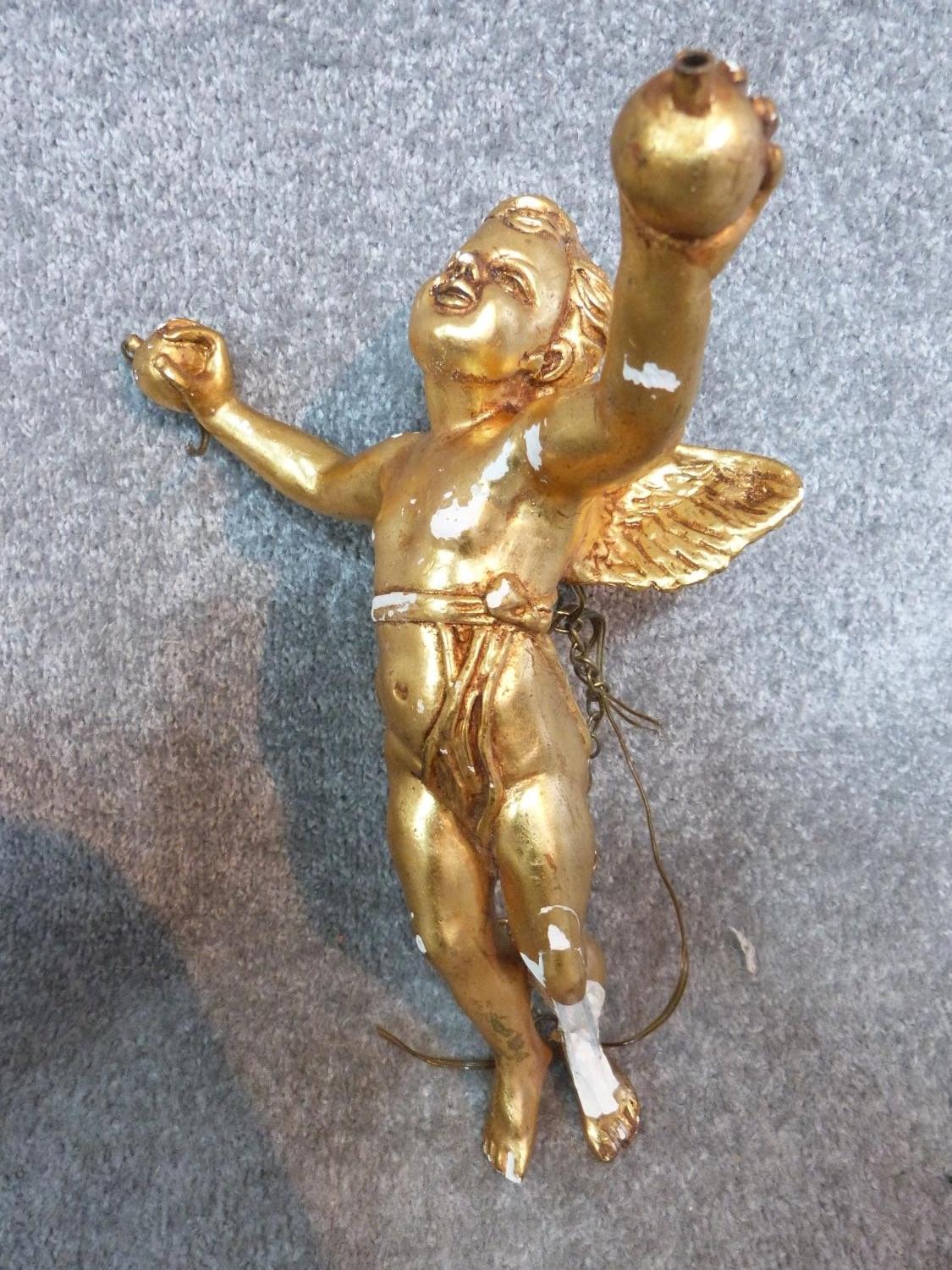 A collection of items, including two plaster cherub light fittings, one gilded, a carved alabaster - Image 6 of 19