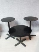 A pair of Pedrali tall metal bistro black tables and one low table. H.74 W.49 D.49cm; Low table H.50