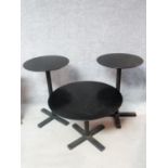 A pair of Pedrali tall metal bistro black tables and one low table. H.74 W.49 D.49cm; Low table H.50