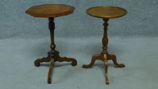 A Victorian style walnut and mahogany crossbanded lamp table raised on tripod base and another