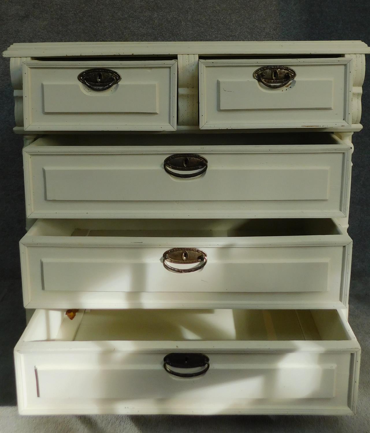 A 19th century Continental painted chest of two short over three long drawers flanked by turned - Image 2 of 7