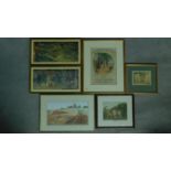 Five framed and glazed lithographs. One hand coloured, titled, 'love in a village, one titled 'Sunny