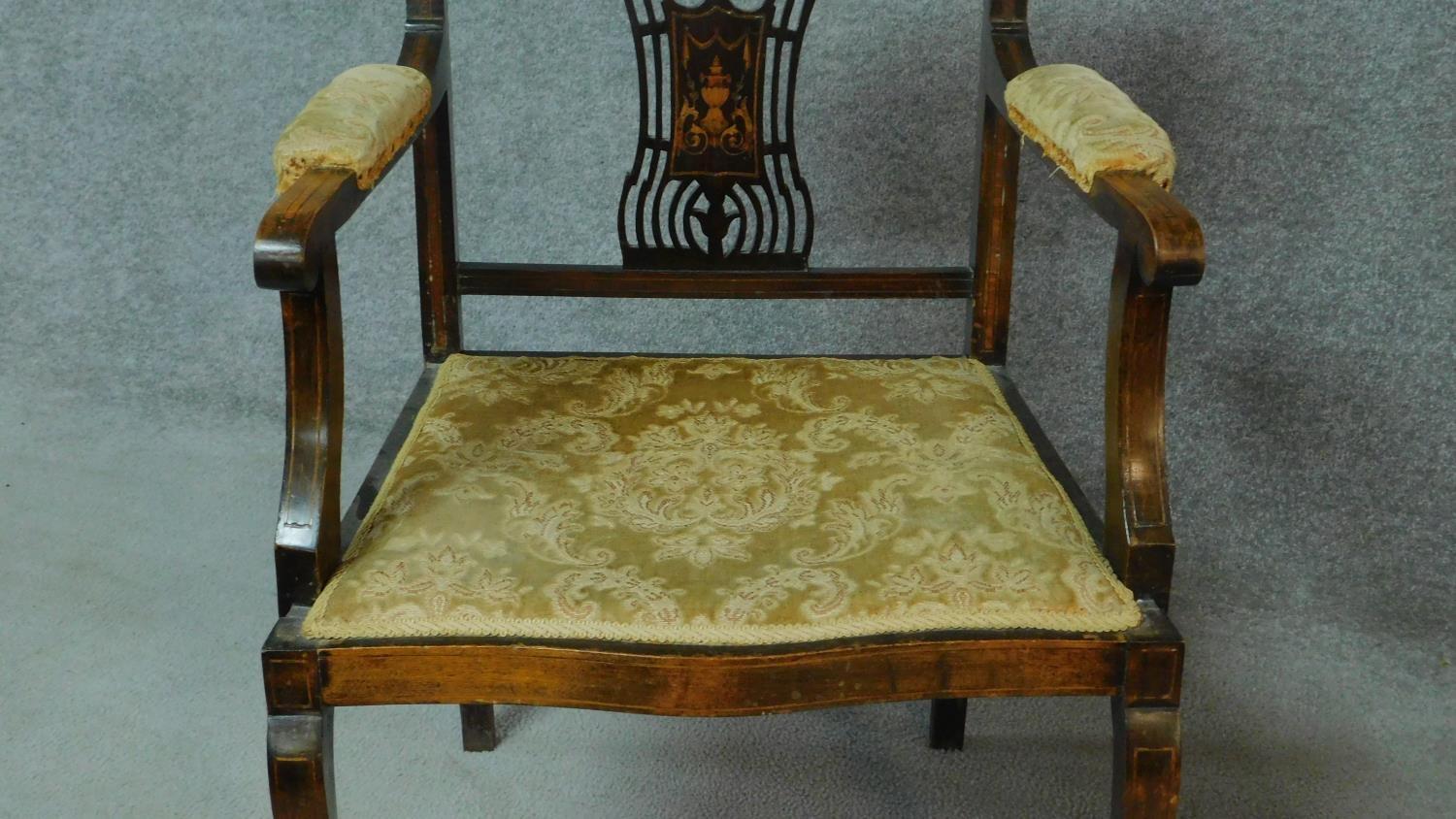 A late Victorian mahogany and satinwood inlaid armchair with urn design to the back, floral - Image 4 of 7